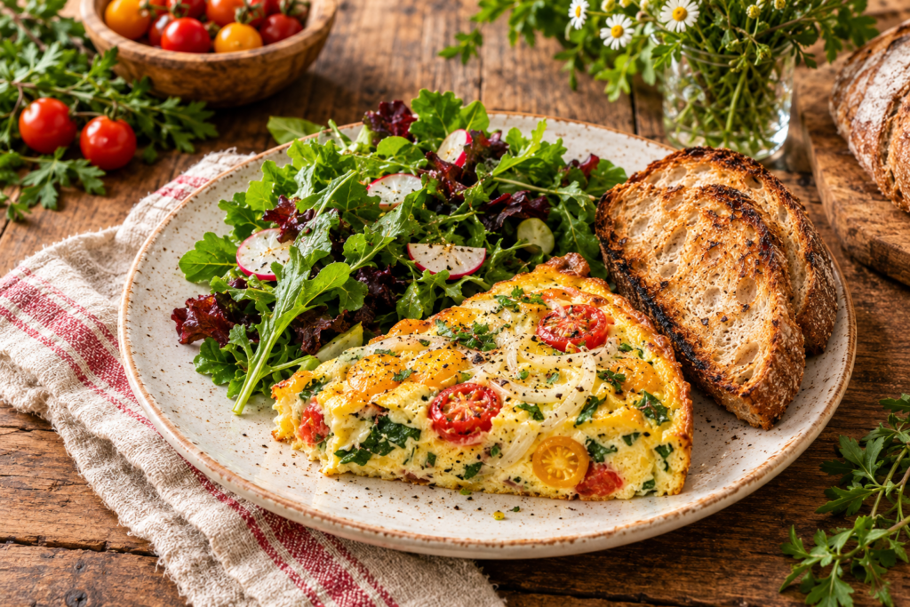 Close-up of a golden, fluffy oven omelet packed with fresh garden vegetables, including spinach, onions, tomatoes, zucchini, and oregano.